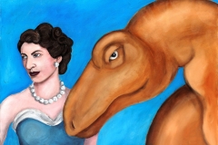 Elizabeth II in pearls with Tarbosaurus