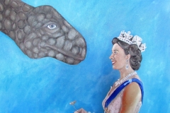 Elizabeth II offering a flower to Apatosaurus